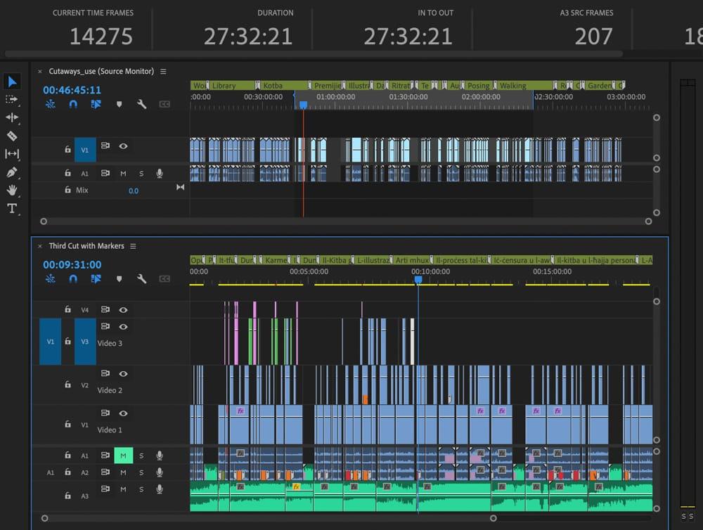 Part of the edit sequence timeline for the documentary Trevor Zahra